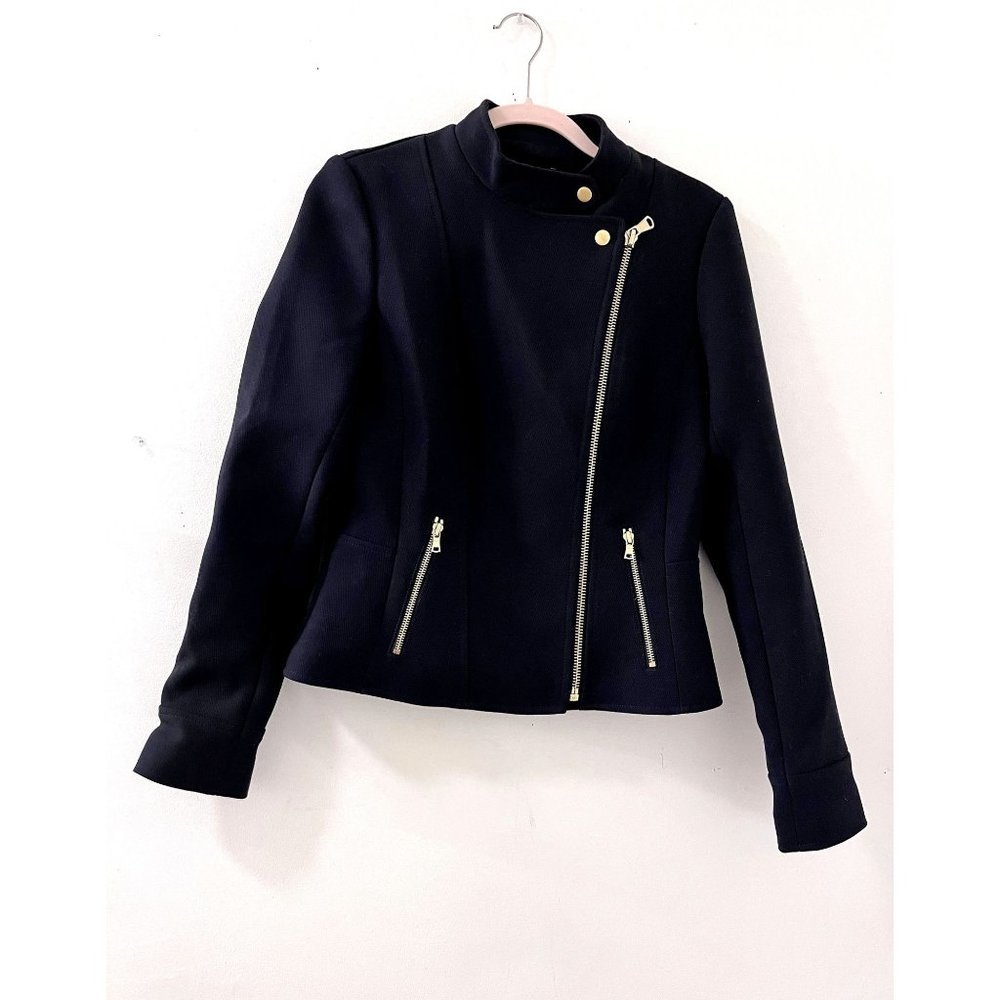 ANN TAYLOR Navy Blue Twill Crepe Flounce‎ Moto Jacket Navy Blue sz 4T